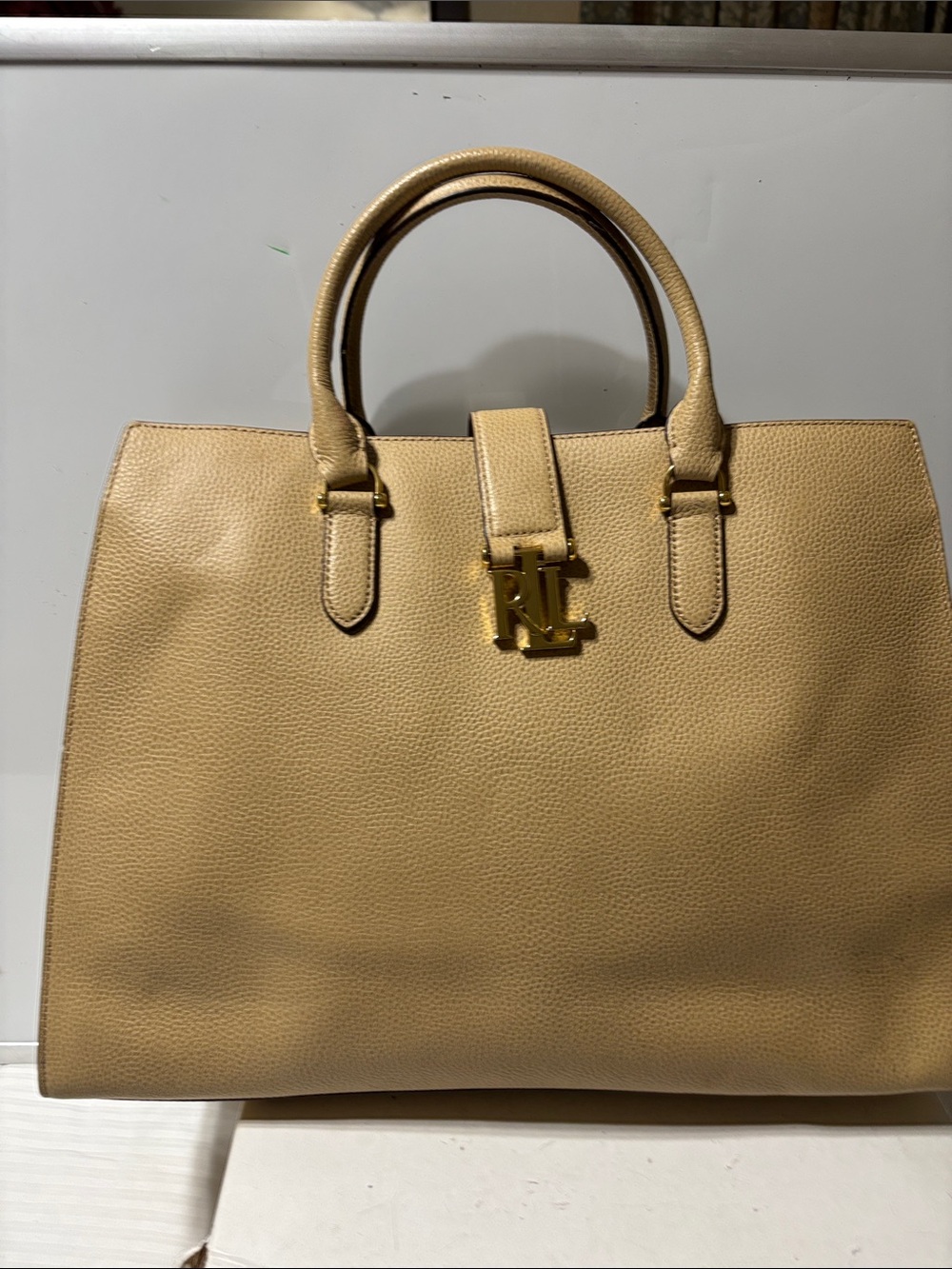 Lauren Ralph Lauren taupe Leather satchel/shoulder Bag with Gold Hardware. EUC